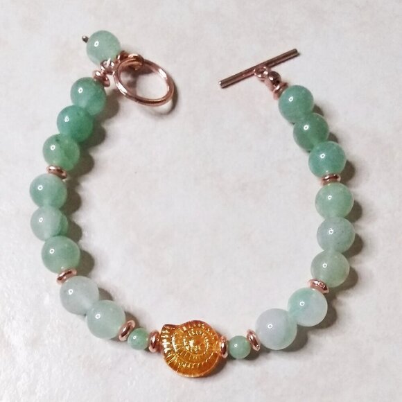 Green Aventurine + Czech Glass Conch Snail Shell Beads ~ Good Luck & Prosperity - Picture 1 of 7